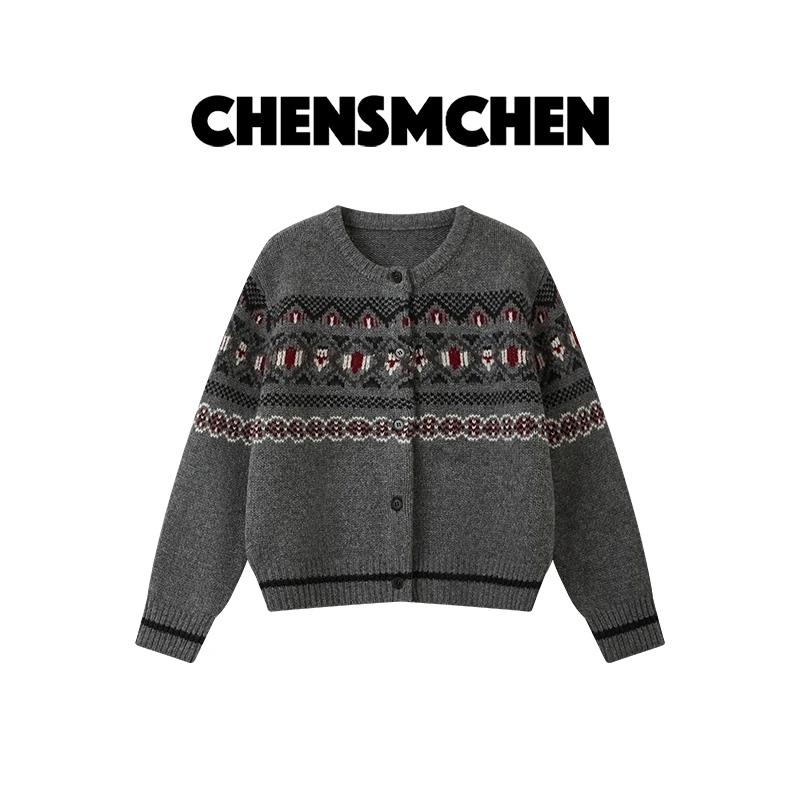 CHENSMCHEN绵羊毛费尔岛几何针织衫女时尚百搭显瘦开衫CSM11158MX