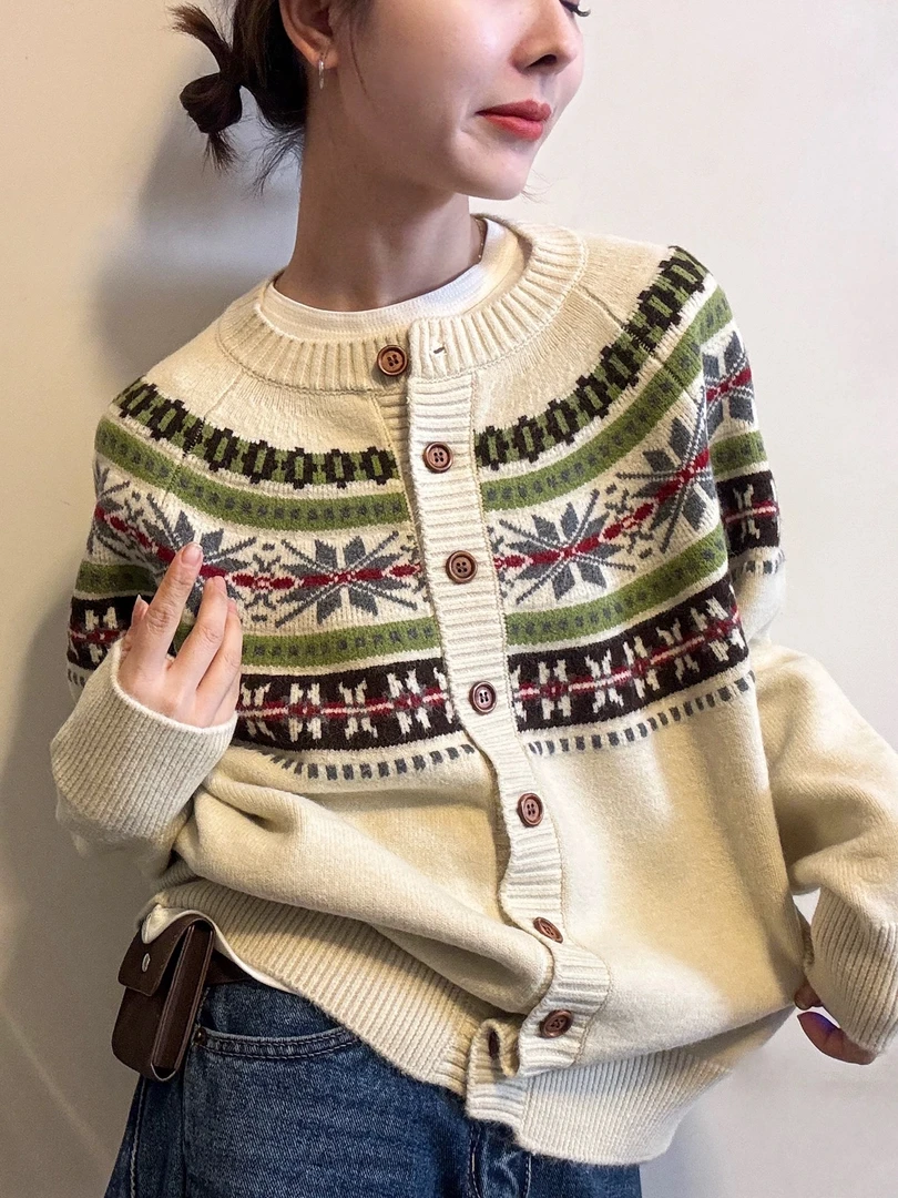 费尔岛提花毛针织开衫女欧洲站2025冬装新款欧货女装毛衣外套潮