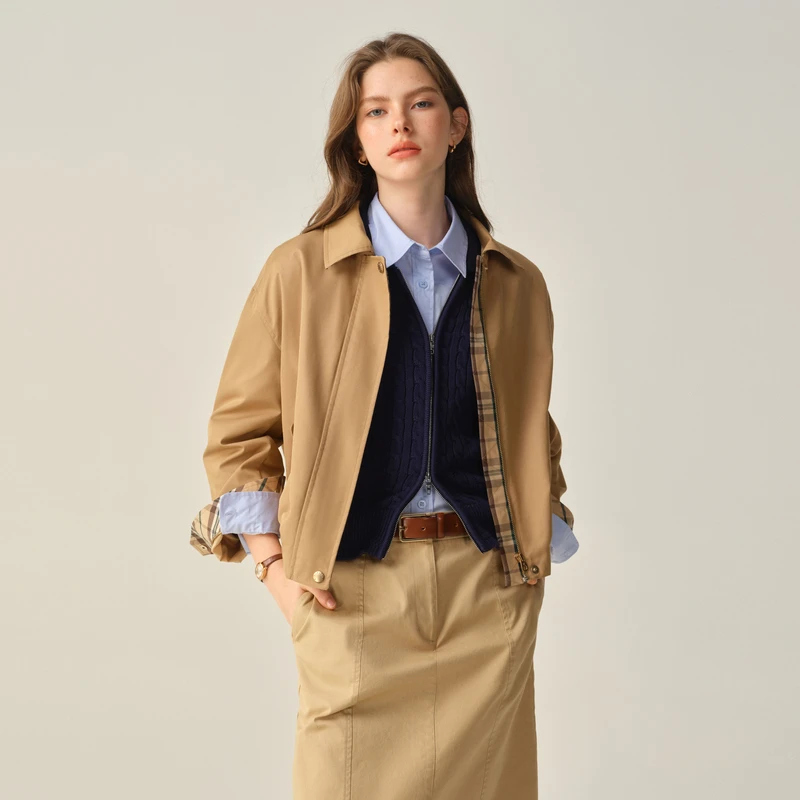 【67%棉】Eland衣恋秋季新款工装风翻领撞色格纹短外套女EEJAF49M02