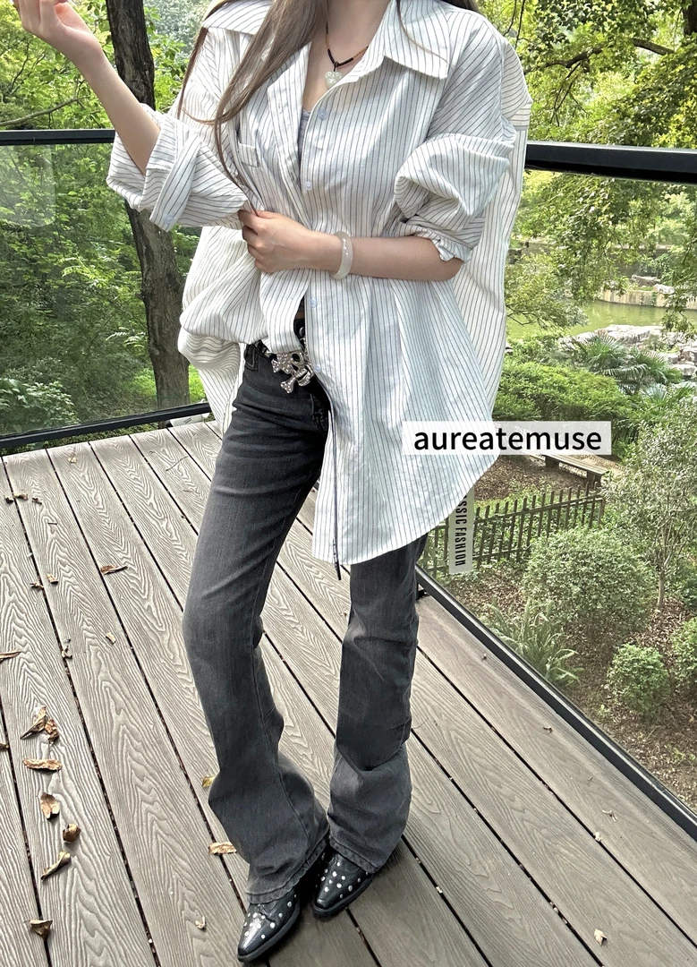【Aureate Muse】韩版复古水洗设计感弹力显瘦百搭低腰微喇牛仔裤