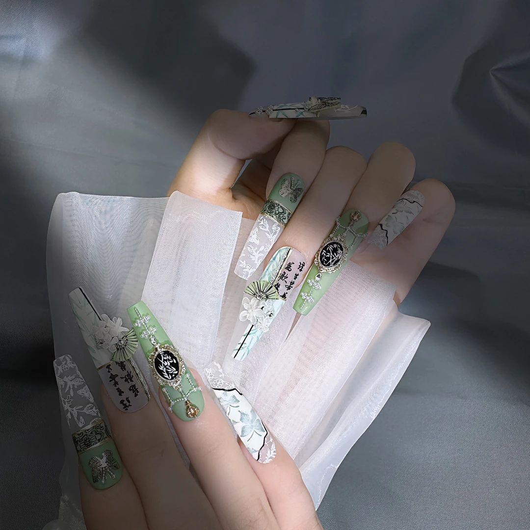 【上新】【竹蝶雅婷】M哥纯手工穿戴甲国风新中式绿色显白美甲