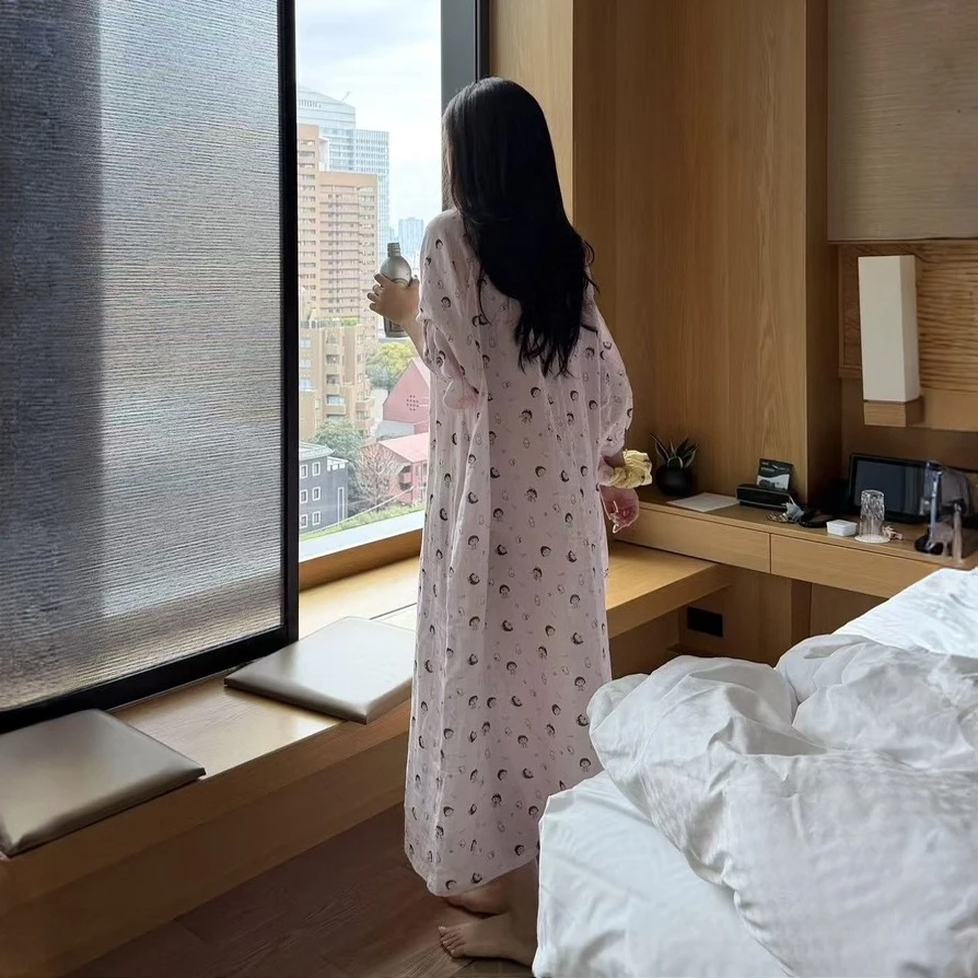新款亲肤透气樱桃小丸子印花睡裙日系甜美可爱风宽松大码家居服