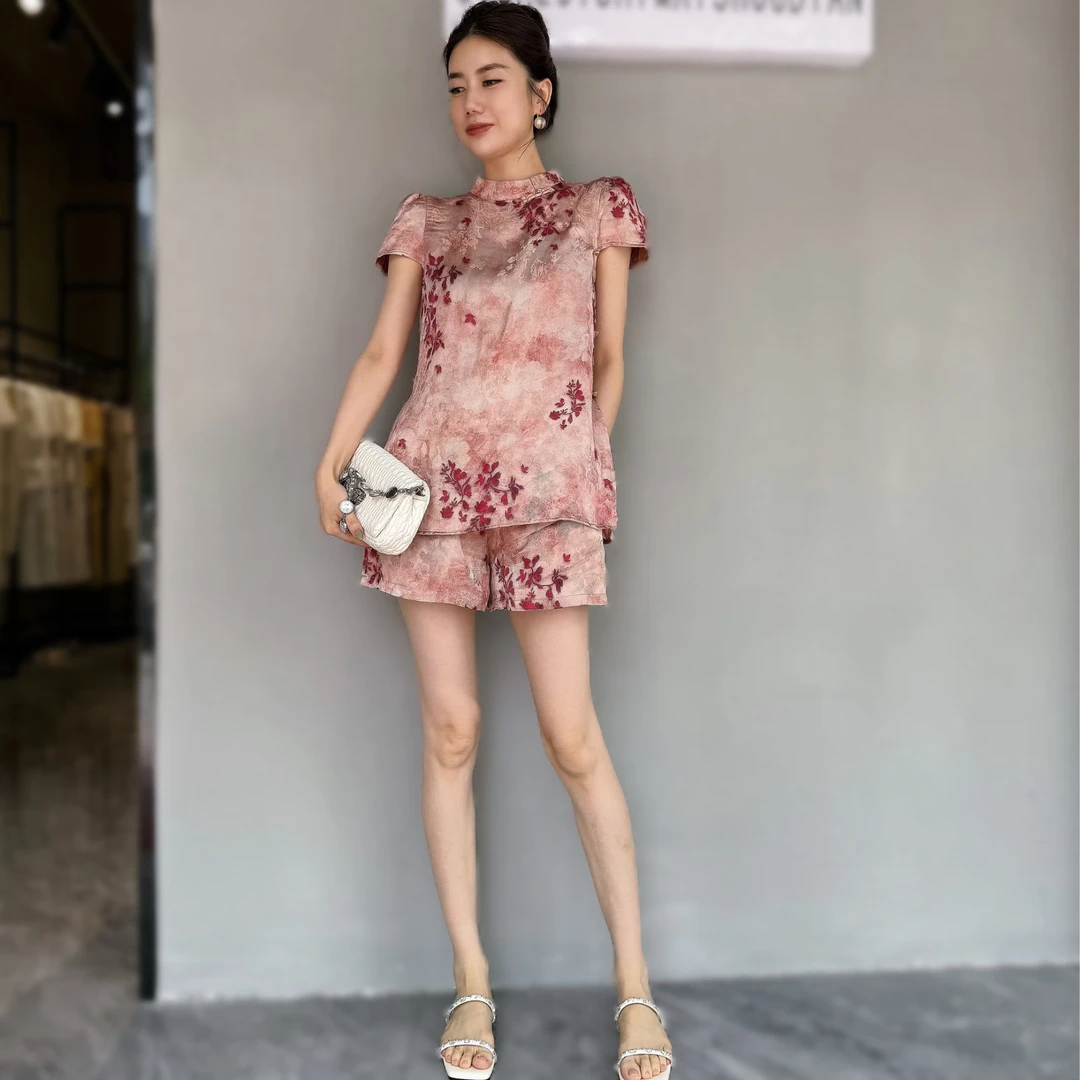 【俊英】2025夏季新中式国风印花改良旗袍上衣时尚小个子阔腿裤套装