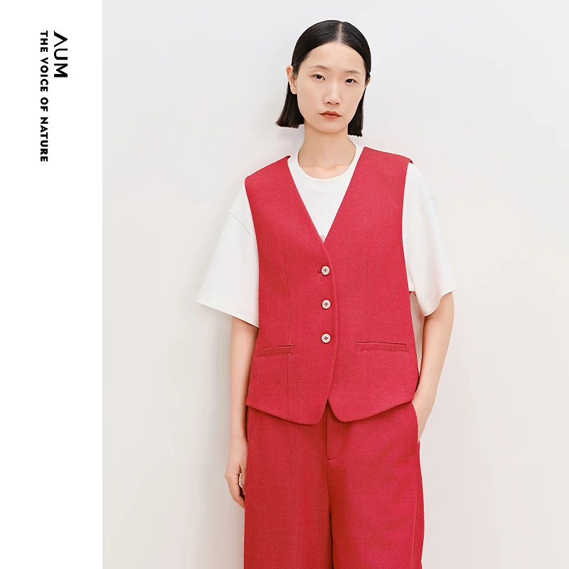 AUM/噢姆新品圣女果红仿牛仔收腰马甲时尚都市斜纹外套M1FZ10884
