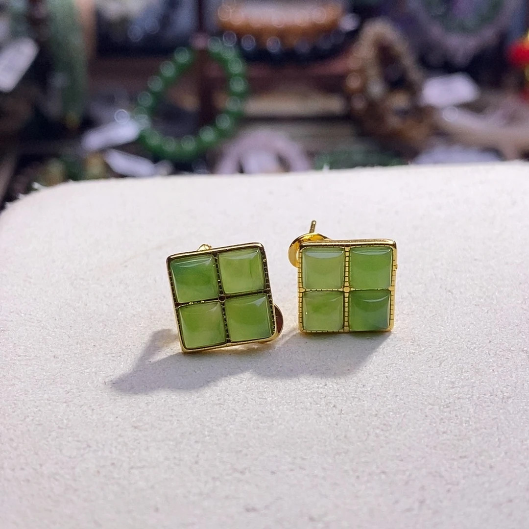 颈饰未镶嵌和田玉碧玉银镶方糖耳扣