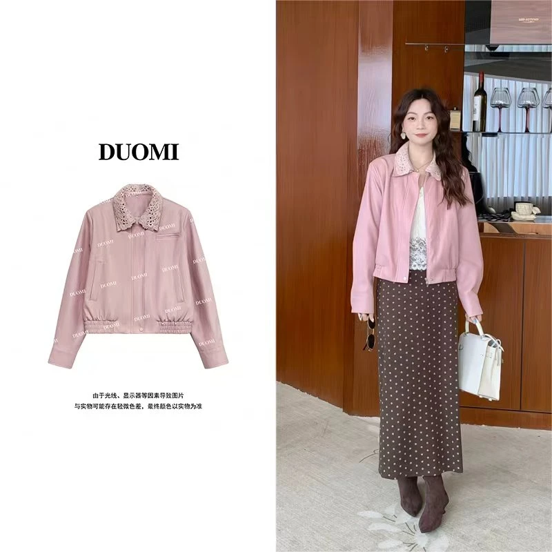 【DUOMI】早秋新款女装百搭时尚设计感长袖气质翻领皮衣女上衣D7736