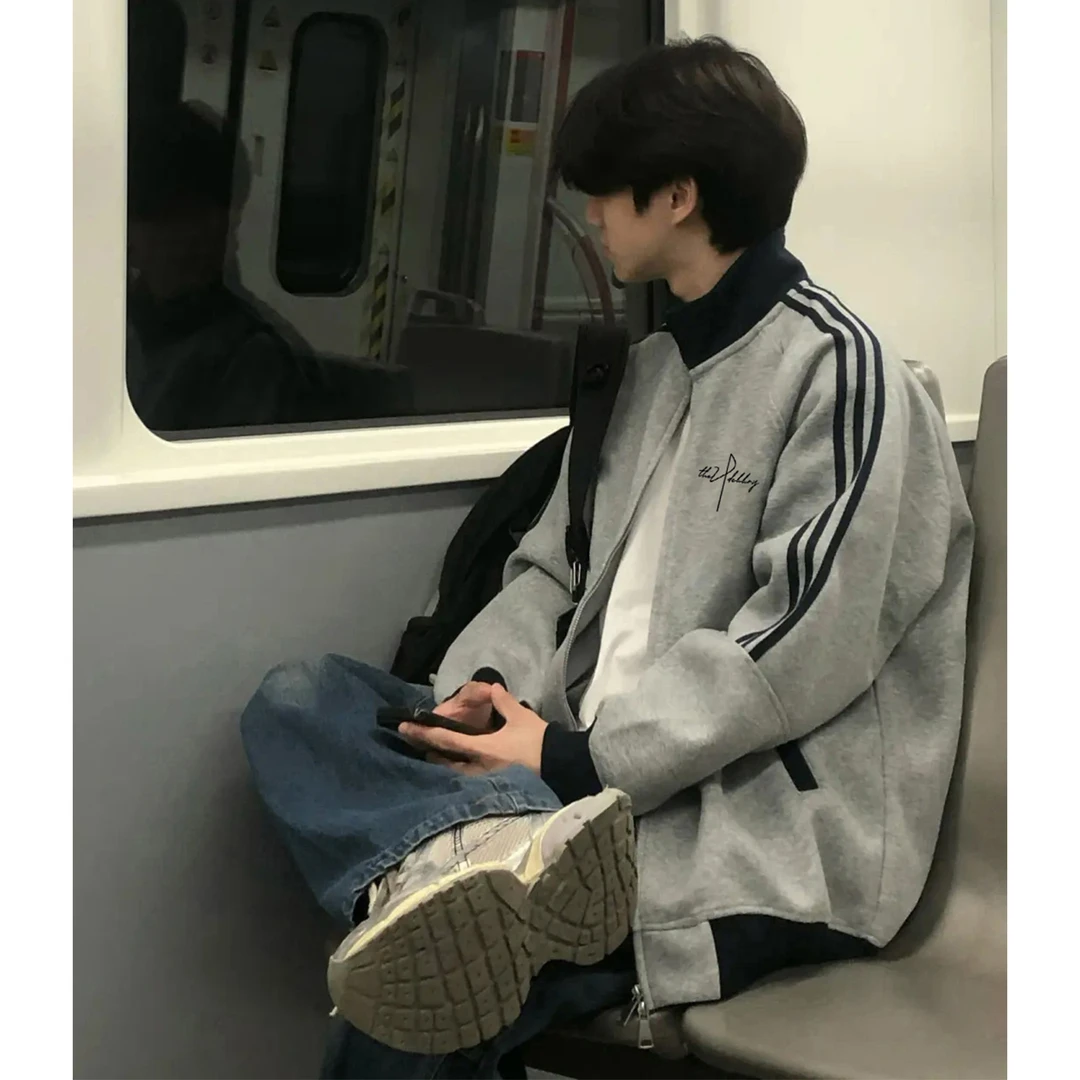 美式复古设计感字母印花三条杠立领开衫外套男女秋冬季休闲卫衣潮