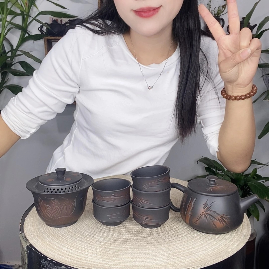壶李**建水紫陶300竹子7件套