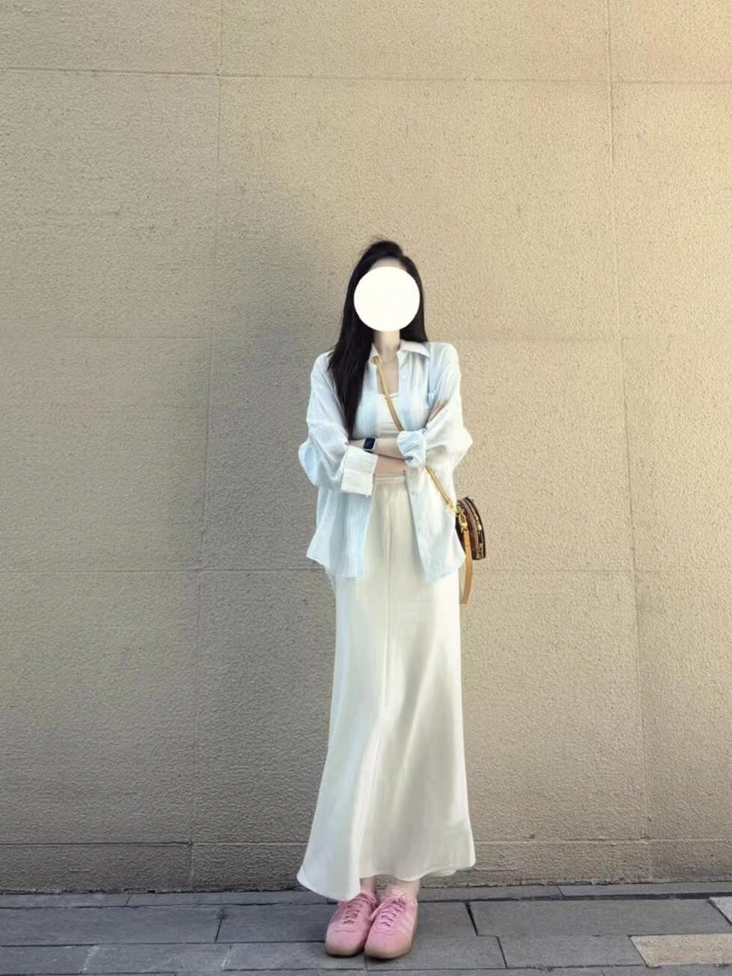 2025夏季新款韩系气质简约蓝色衬衫高腰百搭白色鱼尾半身裙两件套