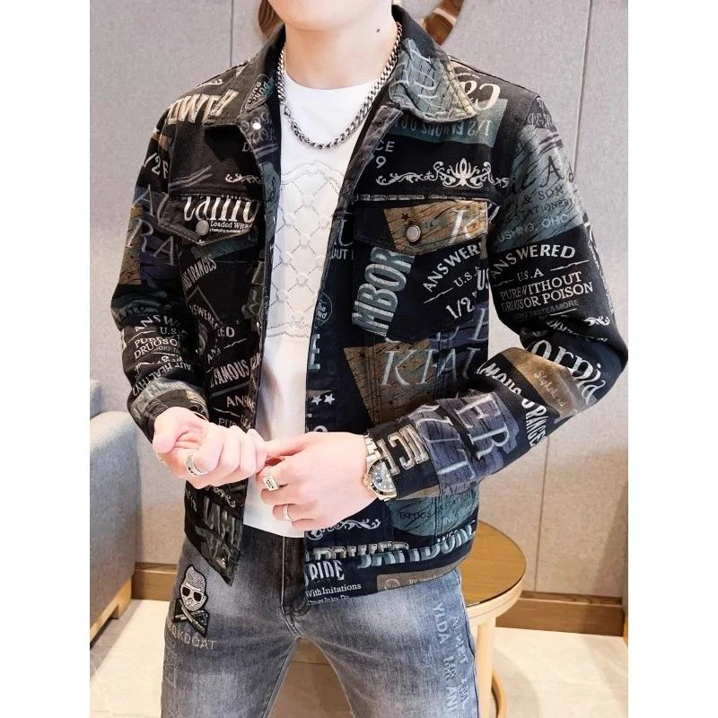 HKYC牛仔外套男士秋季新款涂鸦满印帅气夹克上衣潮牌高端百搭外套