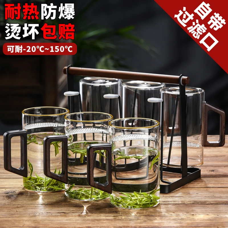 家用玻璃水杯套装客厅高颜值喝水杯子带把手耐高温待客水具绿茶