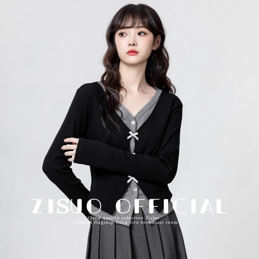 yoewshean/羽媗春秋季新款黑色假两件V领长袖T恤女蝴蝶结显瘦上衣