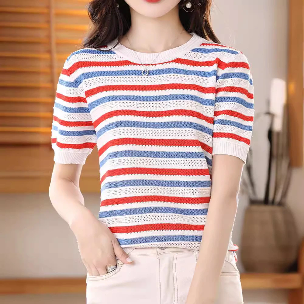 25年新款彩色镂空短袖t恤女夏薄款针织衫圆领上衣