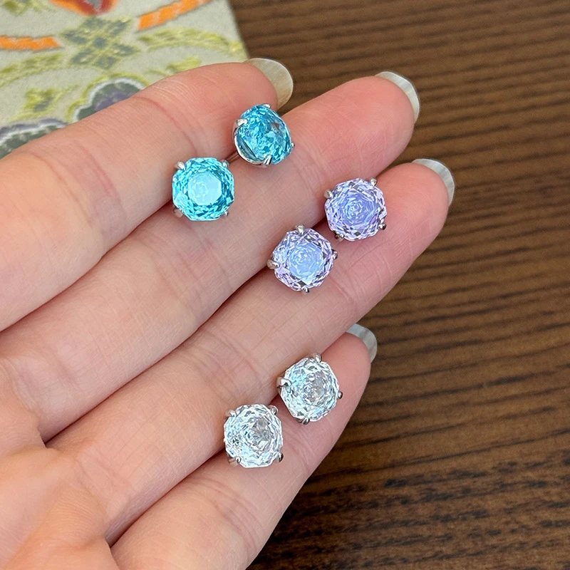 925银合成锆石耳饰 925纯银玫瑰切锆石耳钉女简约轻奢时髦个性基