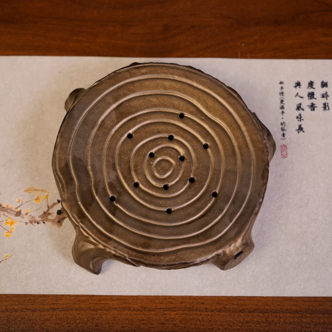 【特惠福利】铁锈釉树纹壶承.1110.储水复古类紫砂原矿老岩泥裸烧