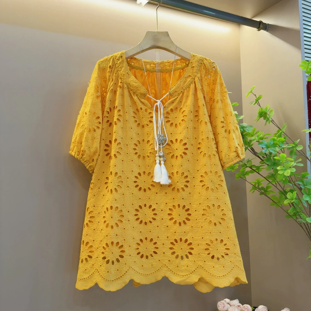 洋气百搭夏季新款气质设计感宽松镂空系绳减龄上衣（衣长71左右）