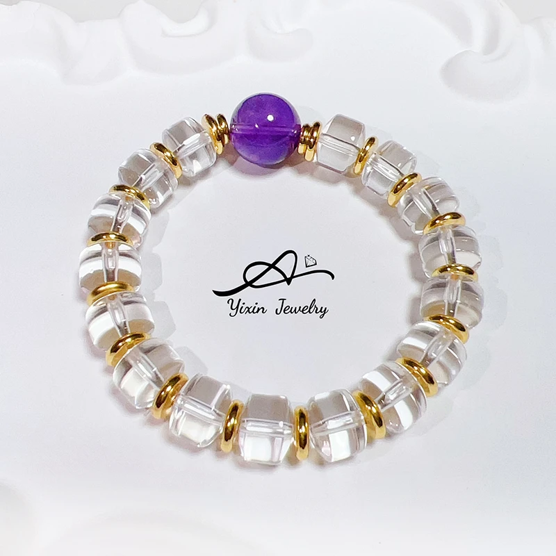 【扶摇直上】13mm乌拉圭紫水晶全净体白水晶设计款天然水晶手串