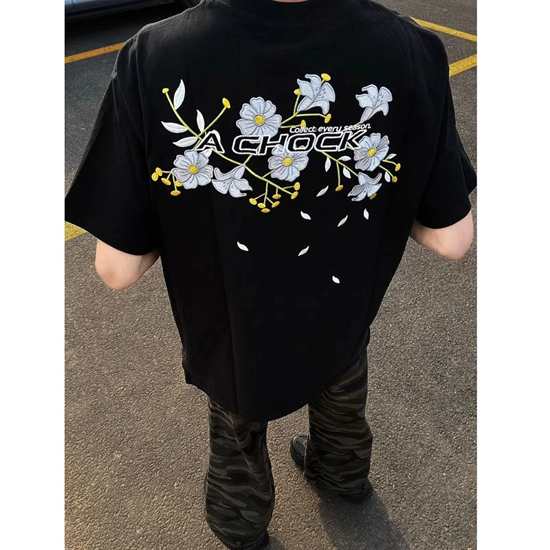 花卉字母刺绣黑色短袖男款夏季中国风潮牌圆领半截袖美式街头t恤