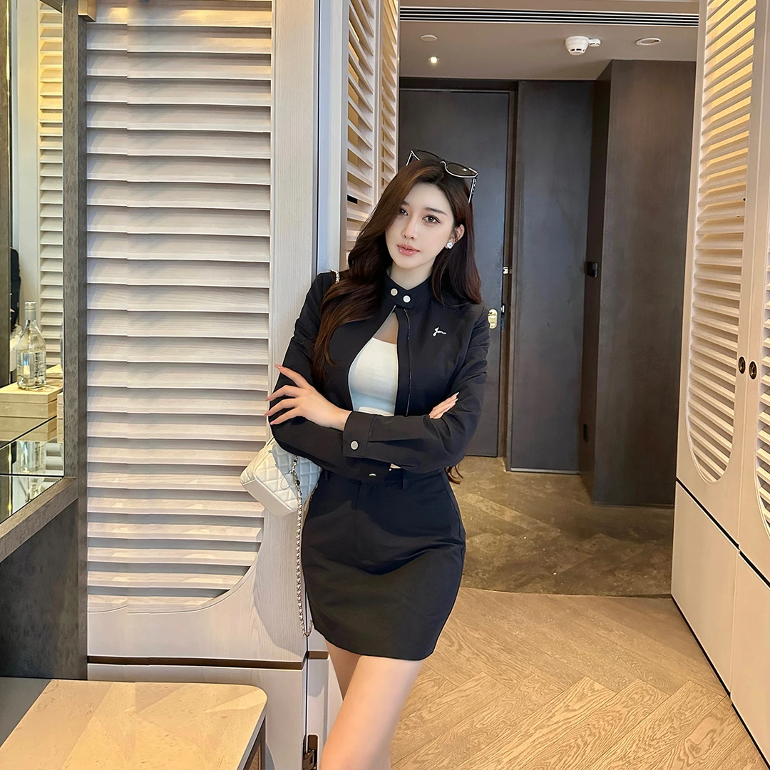 SX善喜藏青立领夹克短外套上衣女高腰修身包臀短裤裙气质休闲套装