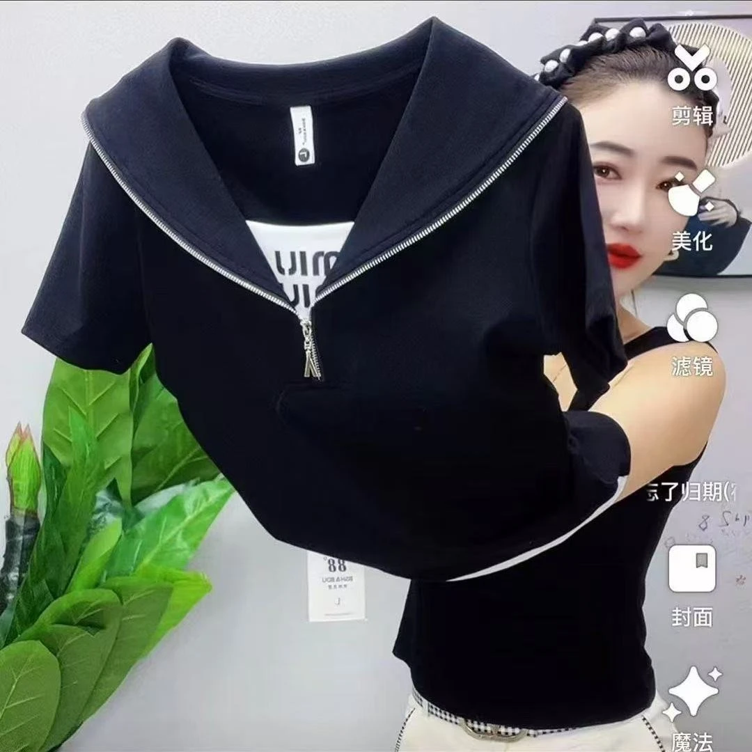 【字母海军领】女士夏季新款短袖T恤拼接假两件修身洋时尚减龄上衣