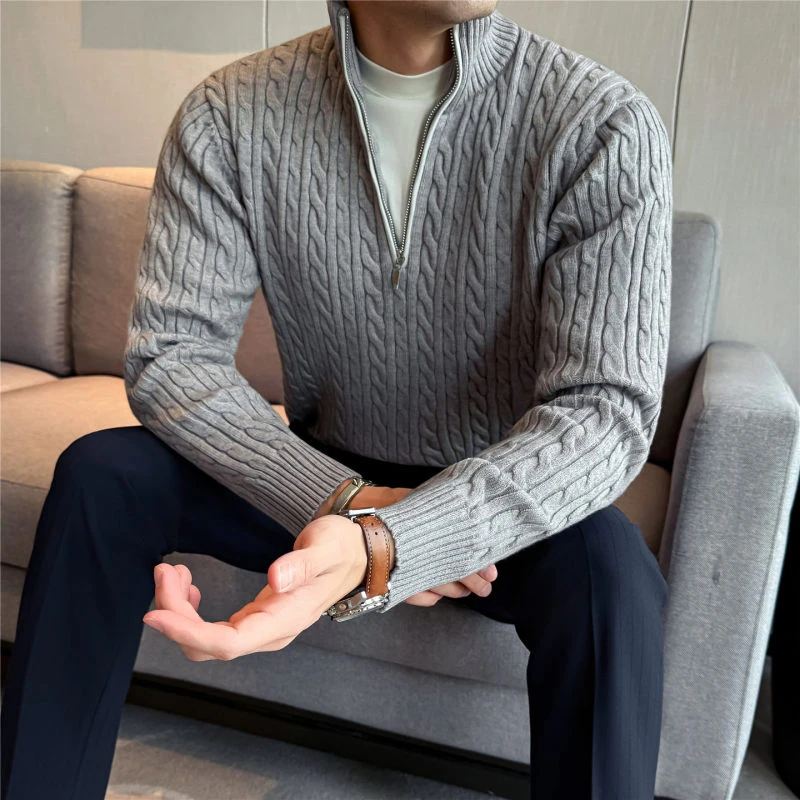 老钱风羊毛加厚绞花条纹冬季男士立领半拉链针织衫
