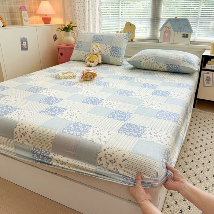 2025新款A类亲肤防尘小清新水洗双层纱印花床笠席梦思床笠防滑床