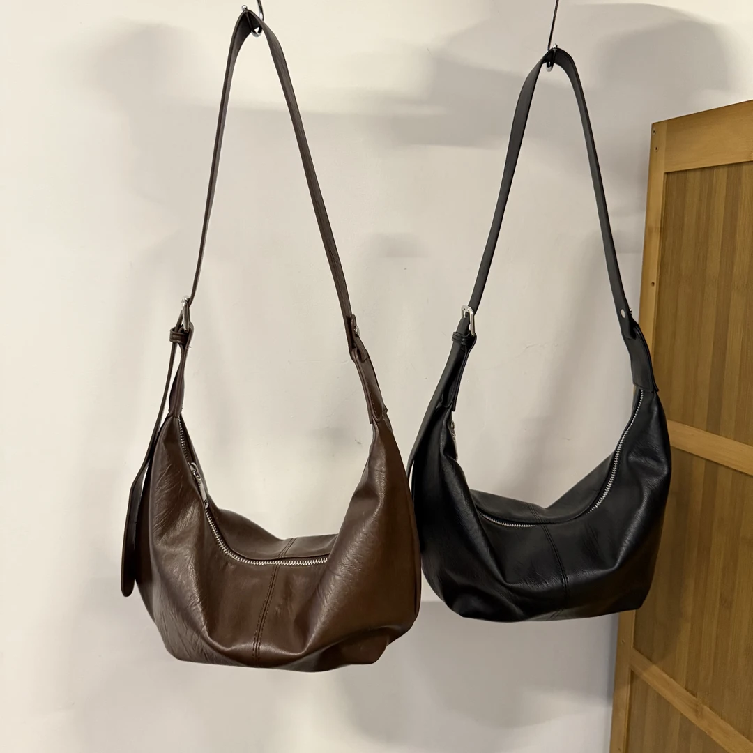 新款百搭慵懒托特包纯色高级感软皮单肩包 斜挎饺子包