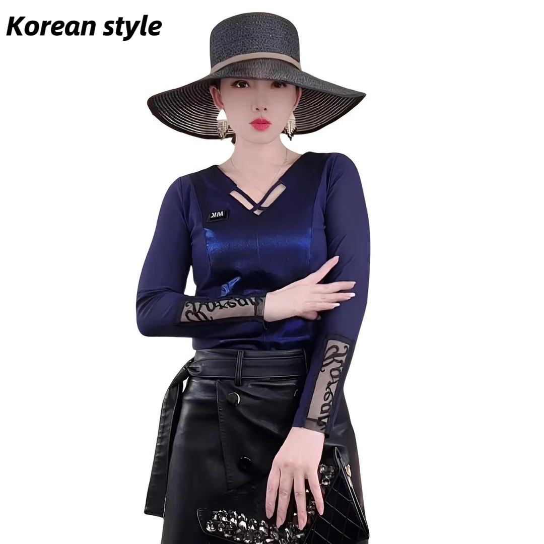 【Koreanstyle】2605A气质拼接袖口英文时尚百搭修身性感长袖打底衫