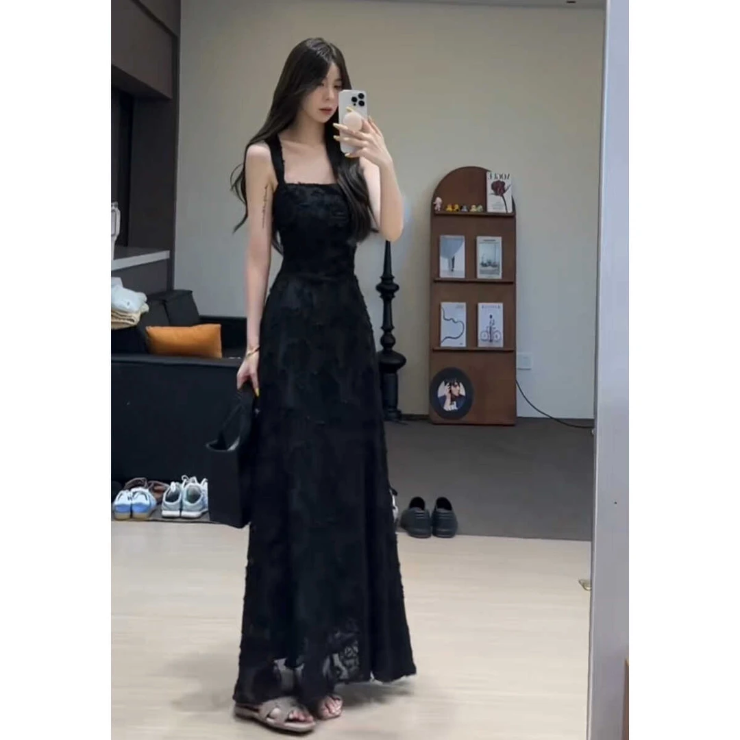 舒胡蕾 梦里花 黑色提花吊带连衣裙女夏季高级感气质收腰显瘦长裙