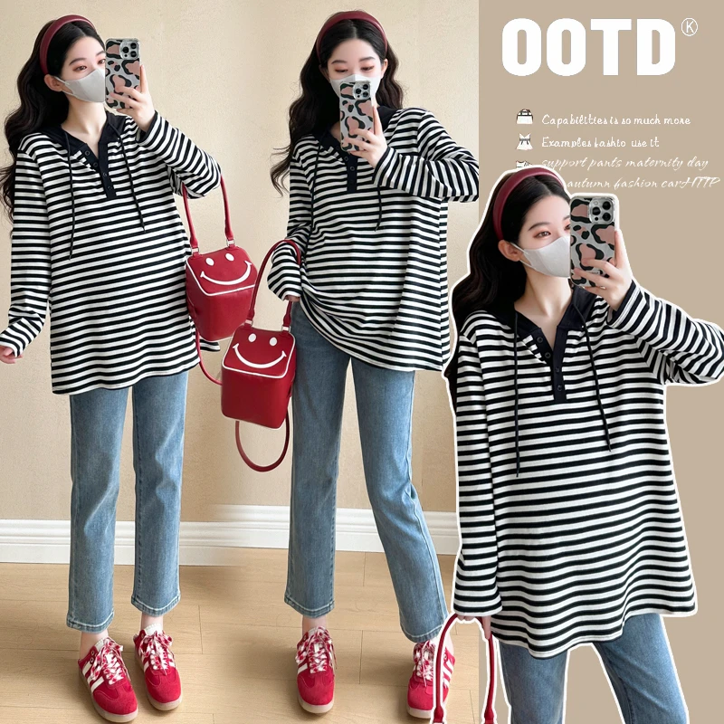 孕妇装春款2025新款韩版大码条纹百搭连帽长袖卫衣中长款显瘦T恤