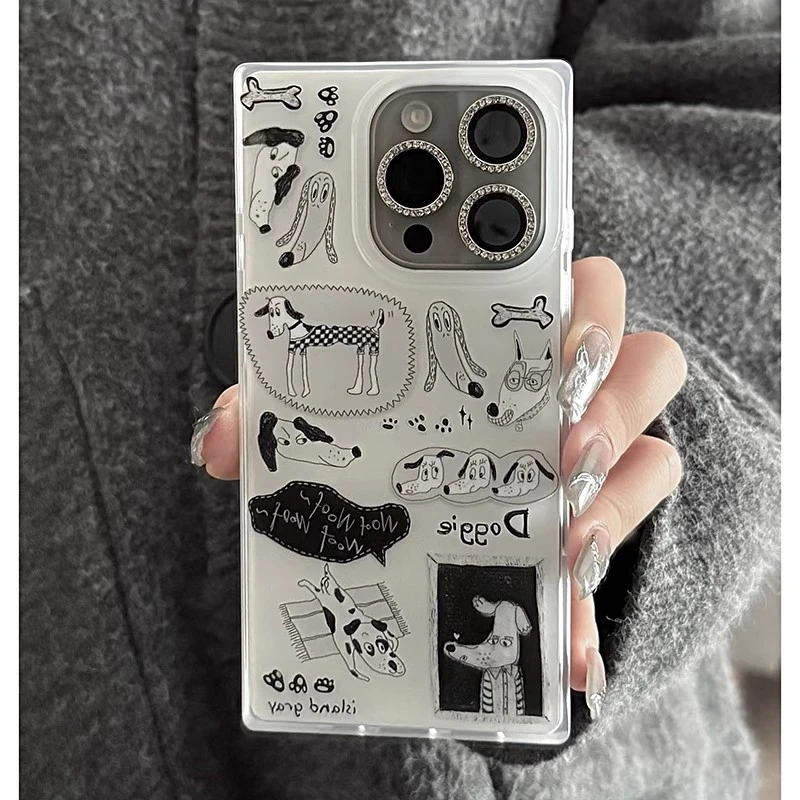 ins高级黑白小狗适用苹果16手机壳iPhone15/14大框方块13防摔12软