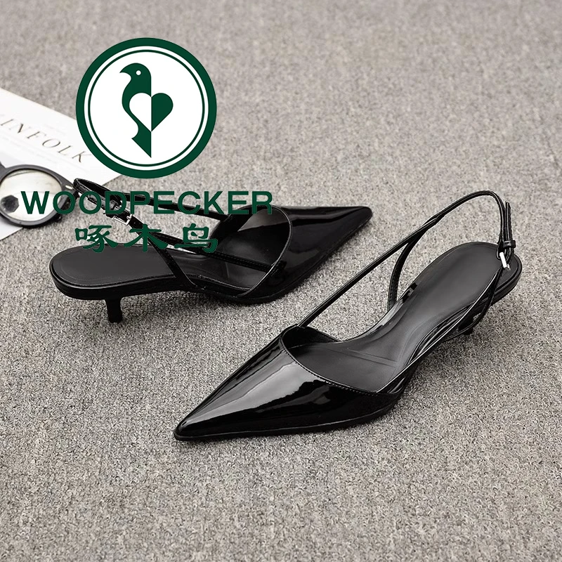 啄木鸟2025年夏季新款尖头女士细跟优雅气质高跟鞋漆皮包头凉鞋女