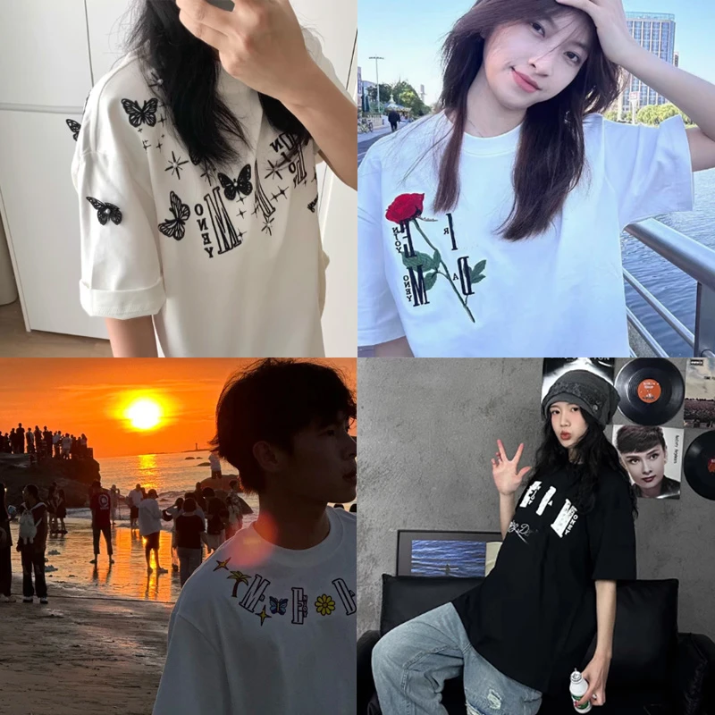 M+蕾丝蝴蝶小香风珍珠短袖体恤男女同款