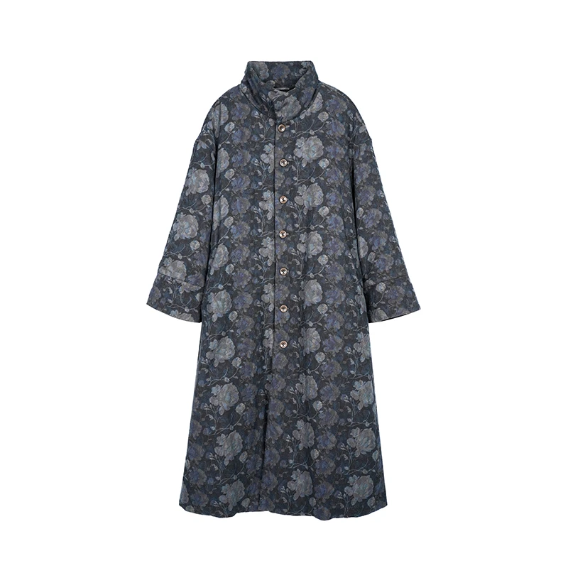 素白【花花世界】冬季经典棉麻印花长款防风保暖棉服SB2410MF00619