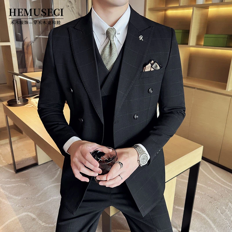 高级感男士双排扣职业正装西服新郎结婚礼服绅士西装套装潮流修身