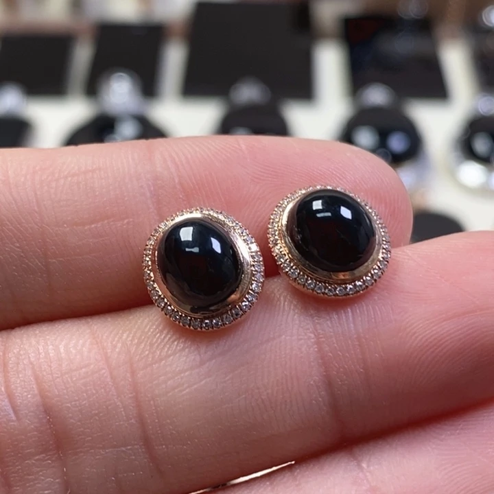 翡翠耳饰18K金镶嵌缅甸天然翡翠墨翠