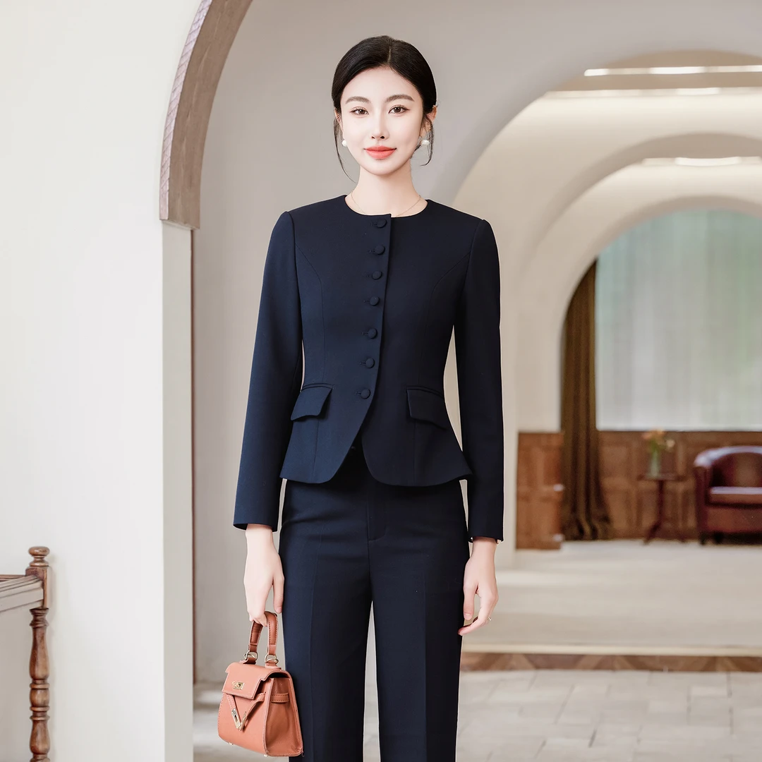 职业西装套装女气质面试女神范蓝色长袖通勤春秋修身女士女装工作