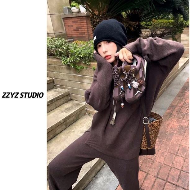 【ZZYZ】“气泡云朵” 松弛感柔软细腻软糯V领毛衣➕阔腿裤两件套套装