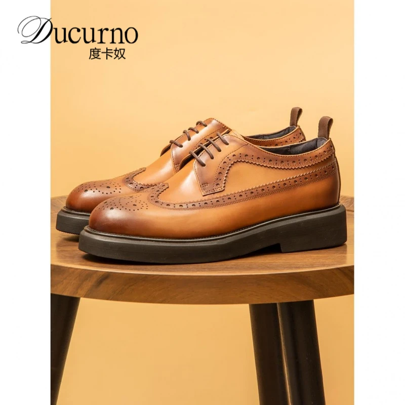 头层牛皮舒适商务正装男士皮鞋休闲大头布洛克雕花厚底增高英伦风