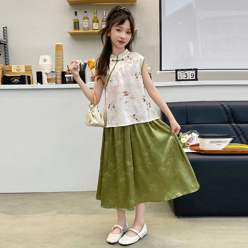 女童中式套装2025夏季儿童复古国风无袖碎花上衣公主裙女孩唐装