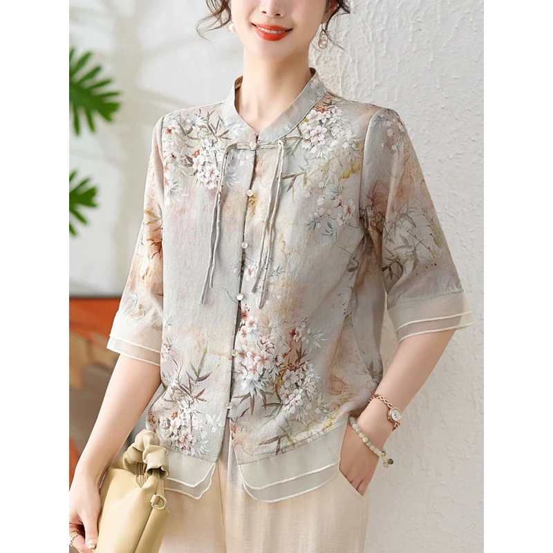 妈妈夏季新中式上衣中老年女装2025国风衬衫雪纺小衫夏季T恤 1099