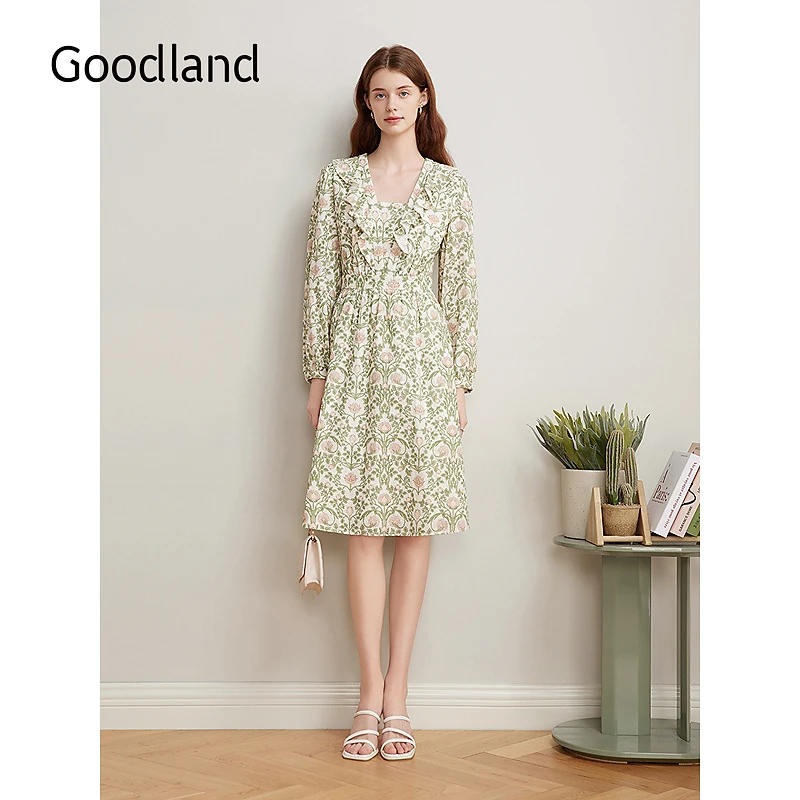 Goodland美地2025春季新款法式清新印花荷叶花边收腰小A摆连衣裙