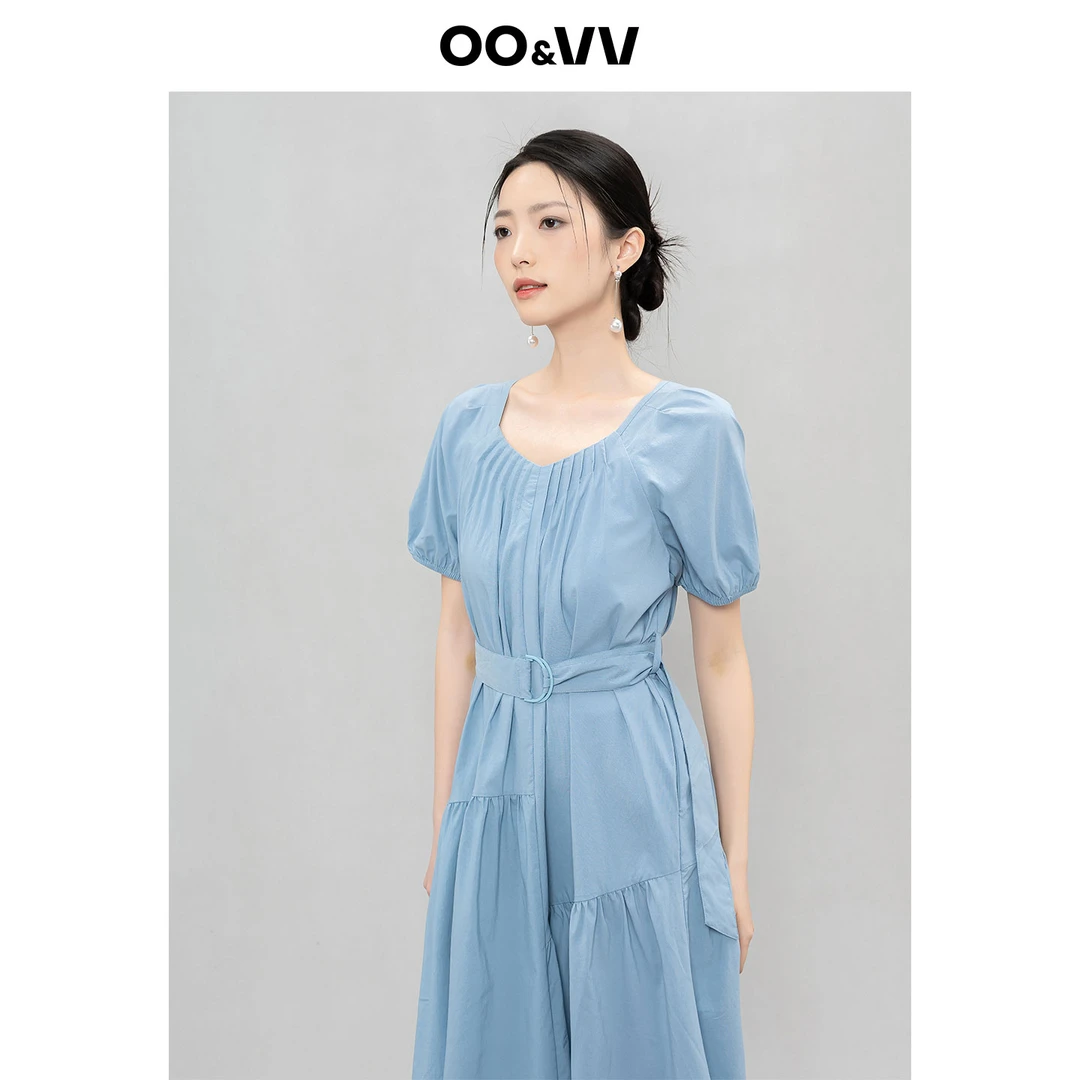 OO&VV方领拼接通勤风夏季泡泡袖连衣裙时尚裙子可露丽风