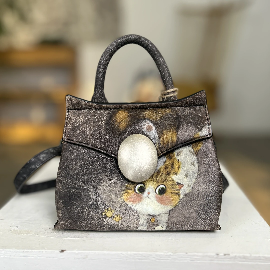 原创设计纯手工彩绘猫耳包头层牛皮女包时尚斜挎包手提包【10941】