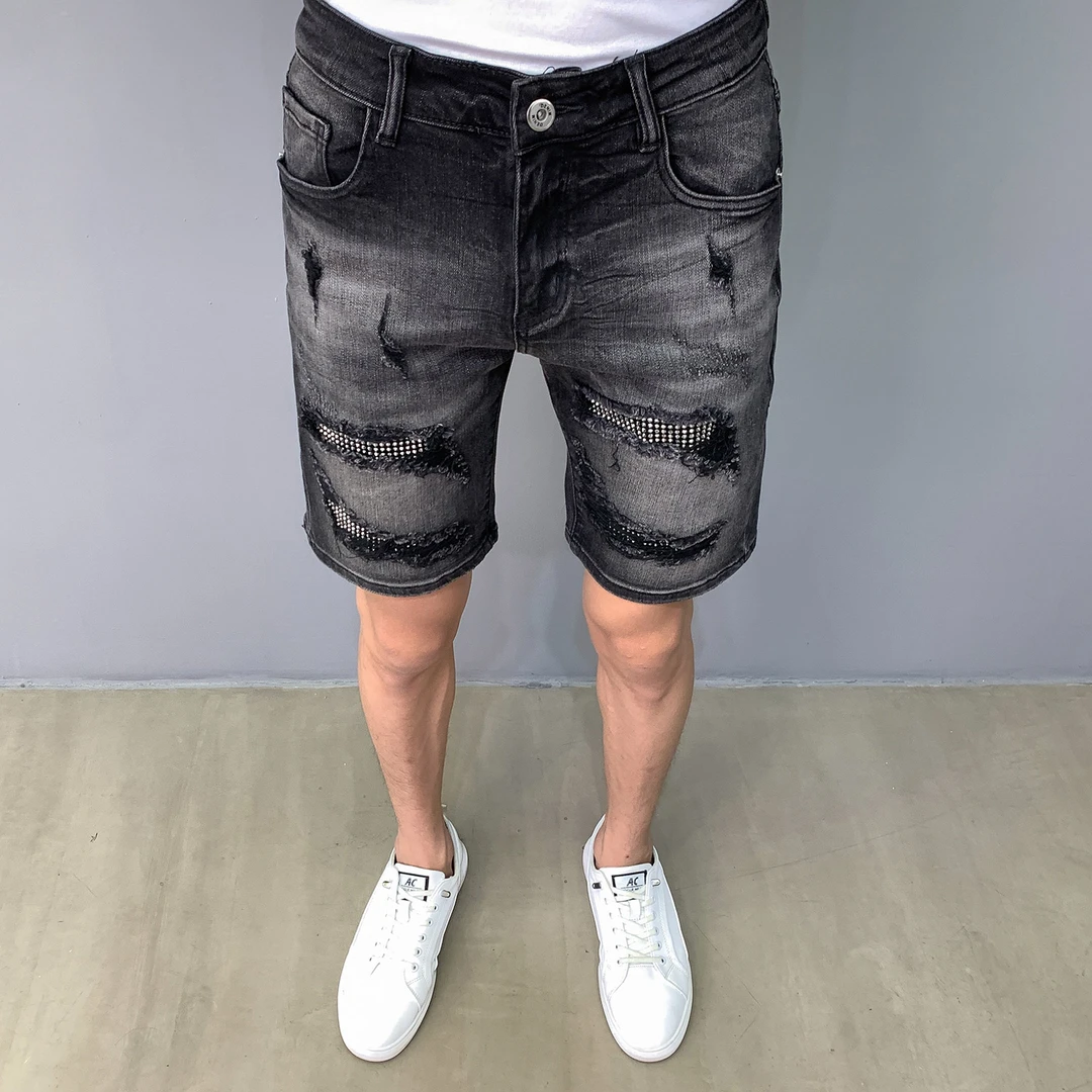 破洞牛仔短裤男2025夏季休闲新款水洗黑色潮流五分裤修身时尚烫钻