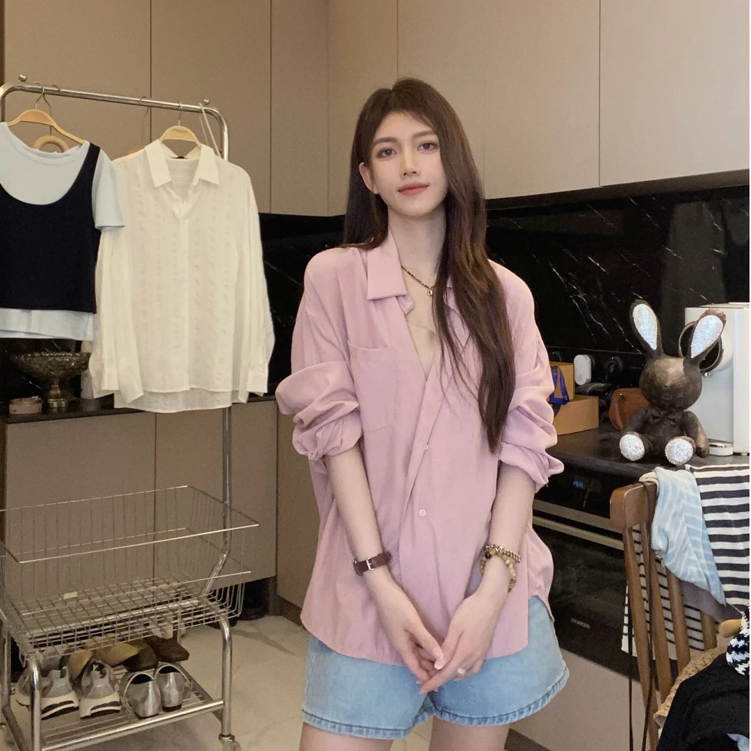 V领衬衫女春秋新款韩版宽松时尚百搭衬衣休闲薄款防晒衫