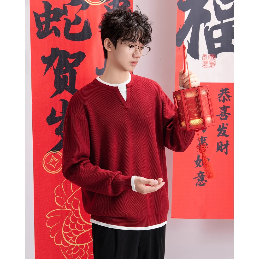 假两件红色新年毛衣男秋冬季新款马年本命年内搭圣诞针织衫