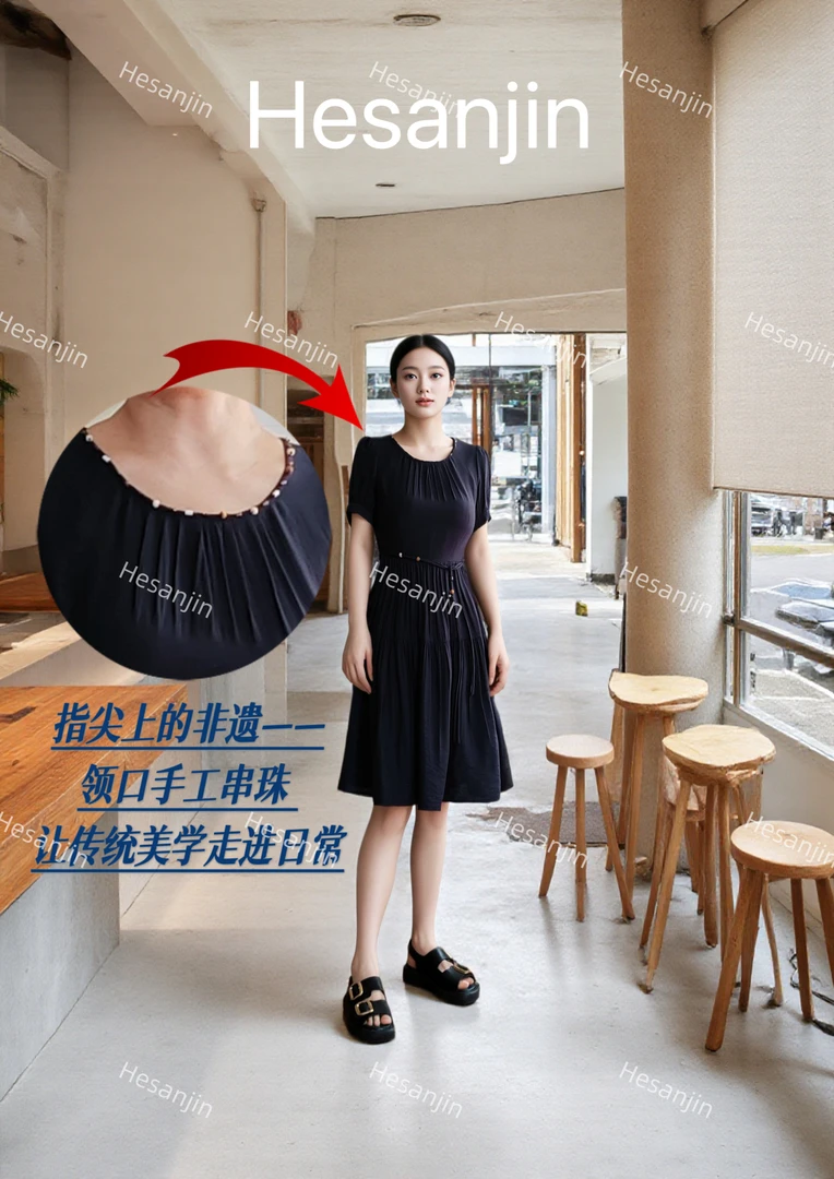 Hesanjin【指尖非遗手工串珠】透气凉快夏季女士收腰显瘦设计连衣裙