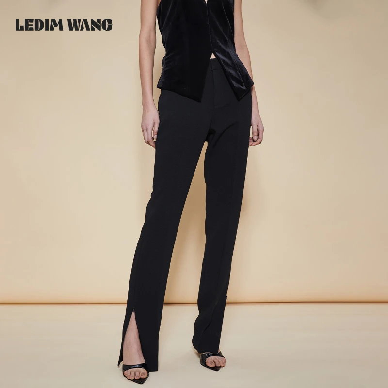 LEDIM WANG黑色弹力休闲裤女款小众设计开叉直筒长裤经典气质百搭