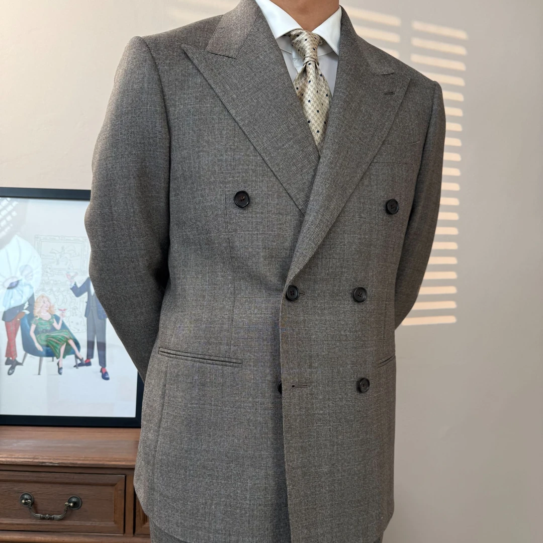 【意大利filarte】深咖色双排扣亲王格纯羊毛半麻衬秋冬男士西装